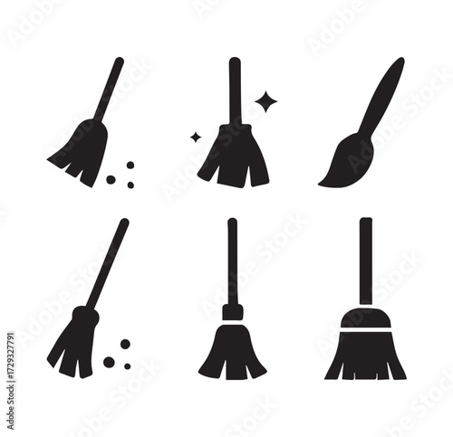 Collection of six distinct broom icons representing cleaning and sweeping tasks for domestic use