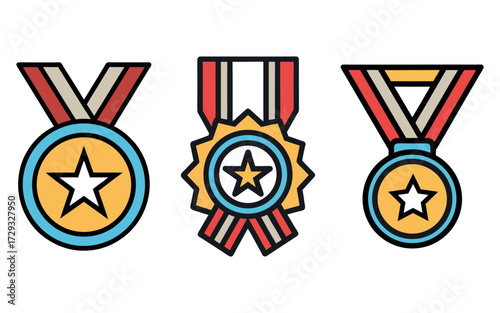 Collection of three star medals with ribbons celebrating achievement and victory