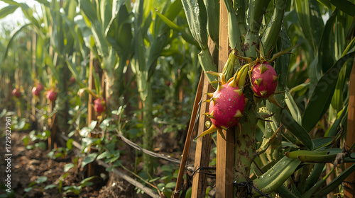 Dragon Fruit on Trellis in Sunny Farm Row, Early Harvest