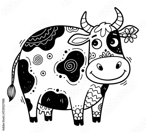 Cute Cartoon Cow with Decorative Doodle Ornaments