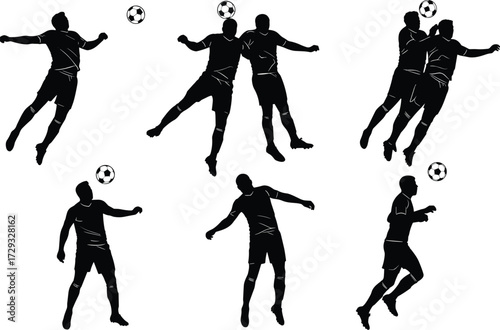 Dynamic black silhouettes of soccer players jumping and heading ball in action poses, competitive football match vector illustration design set