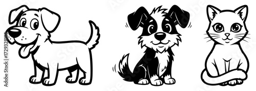 Cute Cartoon Dog Puppy and Cat Characters Set