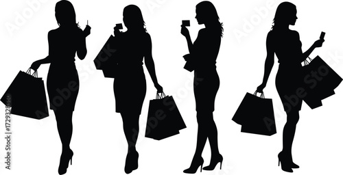 Elegant women silhouettes holding shopping bags and credit cards, fashion consumer lifestyle vector illustration for retail, commerce, sale, marketing design