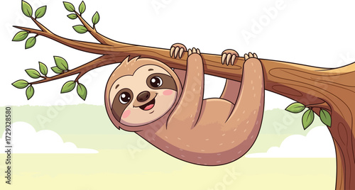 Cartoon sloth hanging, clinging to a branch with green leaves