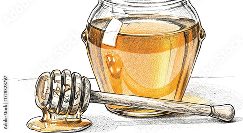 Honey jar, dipper illustration, sweet golden food