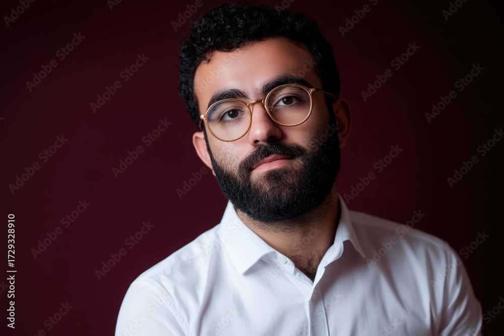 Obraz premium Bearded Middle Eastern Man Maroon Studio Portrait