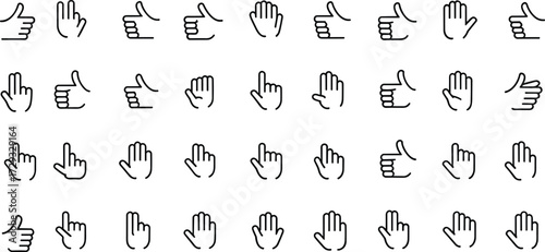 Hand gesture icons, finger signs and symbolic motions, black and white line art, minimal communication graphics, expressive hand visuals, interface vector set