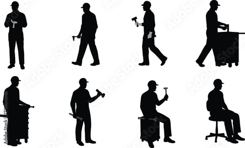 Collection of maintenance and industrial worker silhouettes in various poses, including working with tools, pushing carts, and sitting for labor concepts