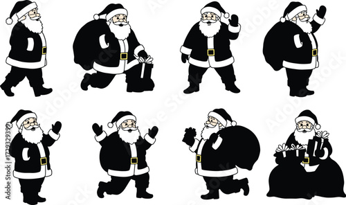 Santa Claus carrying gift sack vector illustration set, Christmas holiday character poses, festive design for seasonal greeting, celebration artwork
