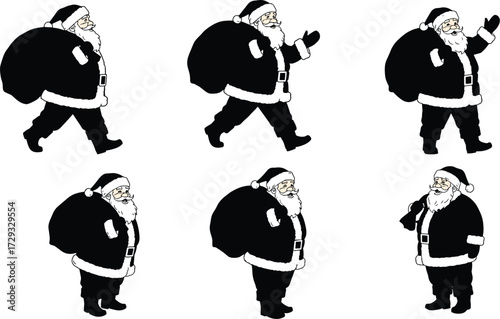 Santa Claus carrying gift sack vector illustration set, Christmas holiday character poses, festive design for seasonal greeting, celebration artwork