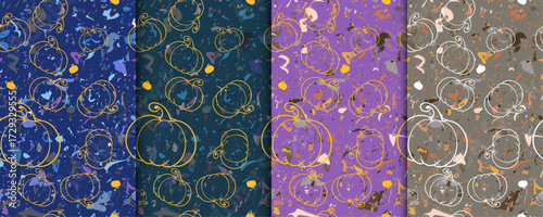 Convenient simple repeating Halloween seamless vector pattern of carved jack-o-lantern pumpkin faces with Bats and textured base