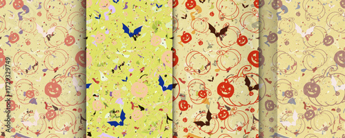 Convenient simple repeating Halloween seamless vector pattern of carved jack-o-lantern pumpkin faces with Bats and textured base