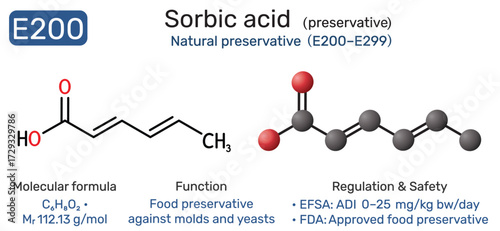 E200 sorbic acid molecule food additive. Natural preservative against molds and yeasts