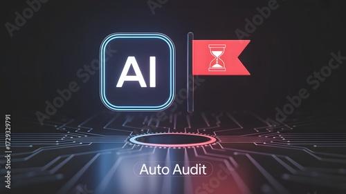 Conceptual illustration of an AI-powered auto audit system, featuring artificial intelligence analyzing a flagged digital record with data on a futuristic circuit board.