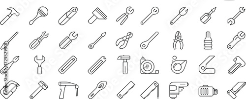 Hand tool icons, construction and hardware symbols, black and white line art, minimal DIY graphics, repair equipment visuals, carpentry vector set
