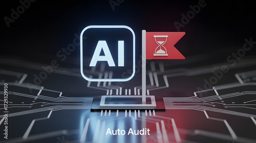 Conceptual illustration of an AI-powered auto audit system, featuring artificial intelligence analyzing a flagged digital record with data on a futuristic circuit board.