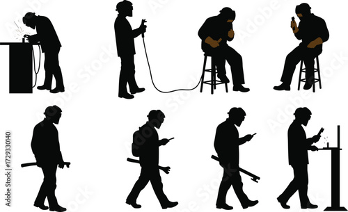 Collection of professional welder and metal worker silhouettes in various poses, including welding, standing, and sitting for industrial and manufacturing concepts