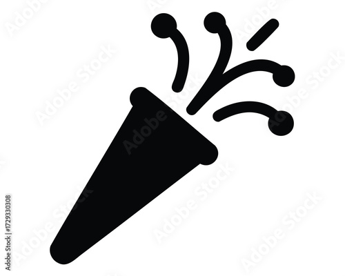 Black and white icon of a party popper with confetti exploding outwards