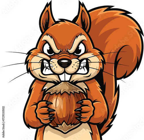 Ngry cartoon squirrel holding acorn, mascot, character design