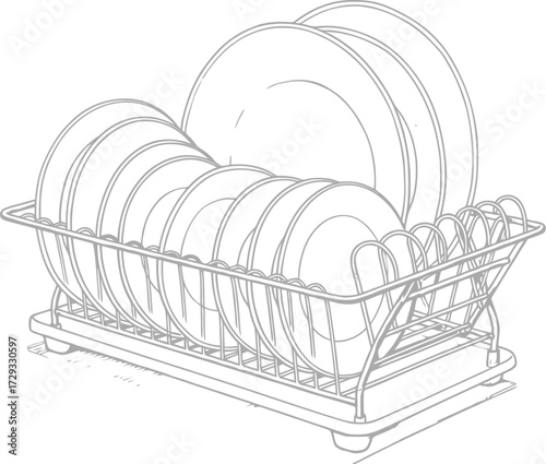 Sketch of plates in a dish rack, kitchen, household