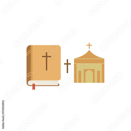 Holy Bible and Tabernacle with Cross Symbol in Flat Design  