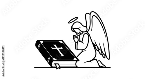 Angel praying beside a black prayer book with cross symbol  