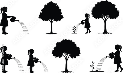 Silhouette girl watering plants growth stages with tree development concept, nurturing nature, environmental care, sustainability, ecology, farming, agriculture illustration