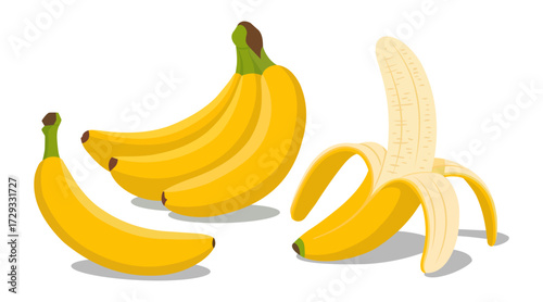 Fresh ripe yellow bananas bunch one peeled showing delicious sweet fruit