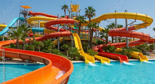 Water park slides blue pool orange yellow water slides