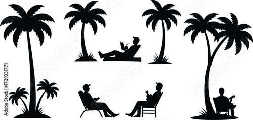 Silhouette people relaxing under palm trees tropical vacation leisure lifestyle concept with chairs drinks reading summer holiday beach resort illustration