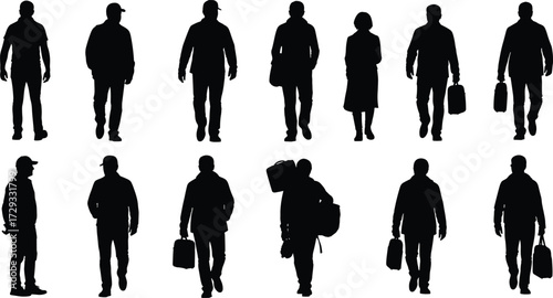 Silhouette, people, walking, crowd, urban, business, commuters, men, women, backpack, briefcase, lifestyle, motion, travel, diversity, teamwork, city, group, pedestrian, illustration
