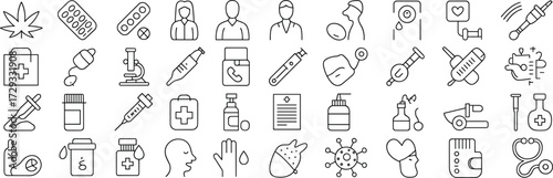 Medical and healthcare icons, pharmaceutical tools and symbols, black and white line art, wellness graphics, minimal hospital visuals, doctor patient vector set