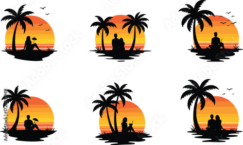 Silhouette romantic couple sitting under palm tree watching tropical sunset love beach vacation summer holiday serenity nature romance illustration