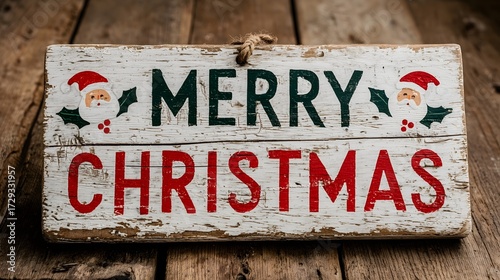 Bright and colorful Merry Christmas sign featuring festive decorations and a rustic wooden background for holiday cheer