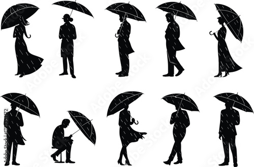 Umbrellaweather illustration, motionUmbrella silhouettes in rain, walking and sitting poses, rainy day vector, people in coats, minimal design, weather illustration, motion