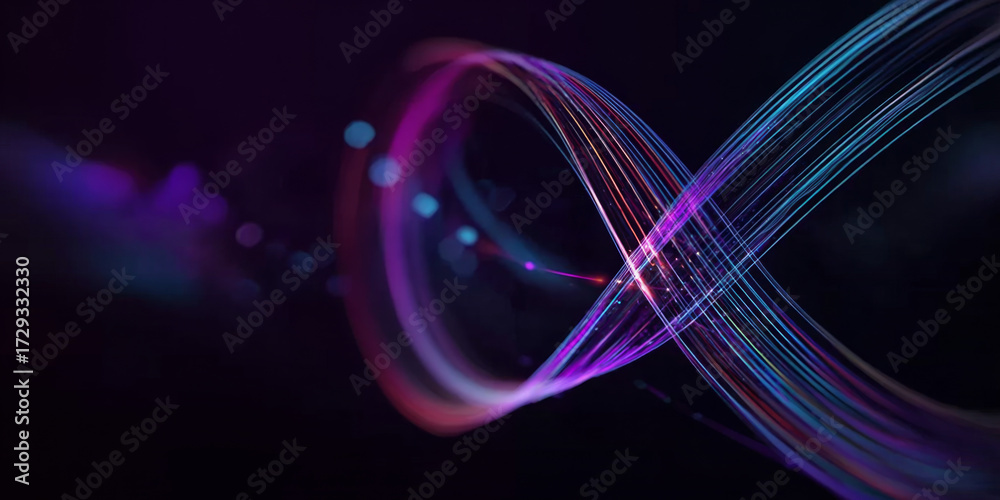 Obraz premium Abstract infinity symbol formed by glowing purple and blue light trails on a dark background with bokeh effects.