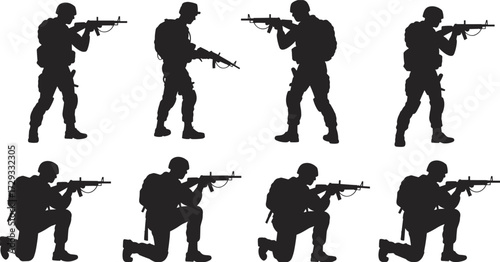Soldier silhouettes in combat poses, tacticalsilhouettes in combat poses, tactical rifle stance, military vector graphic, kneeling and standing troops, war illustration, defense action