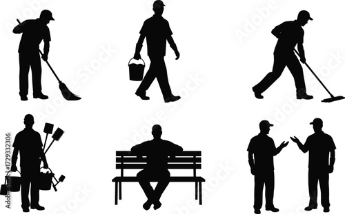 Silhouette collection of janitors and cleaning staff in various poses, including sweeping, mopping, and resting for maintenance and service concepts