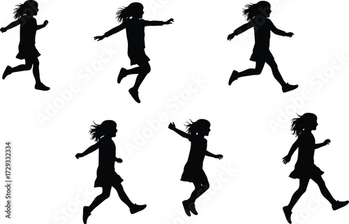 Silhouette sequence of running child girl in dress, motion phases illustration for animation, sports biomechanics, education, fitness, and activity design