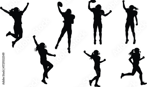 Silhouette vector illustration of American football players celebrating victory, dynamic action poses, sports energy, athletic teamwork, competition, touchdown excitement, championship spirit
