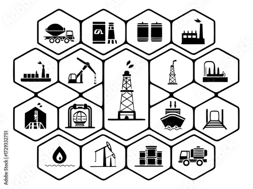 "28 oil and gas industry line icons, simple and consistent, arranged in a grid on white background. Dark blue outlines show facilities, transportation, fuel containers, offshore rigs, oil barrels, sta