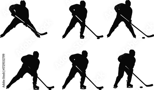 Silhouette vector illustration of ice hockey player in dynamic action poses, stick handling, puck control, sports training, competition, athletic movement, teamwork