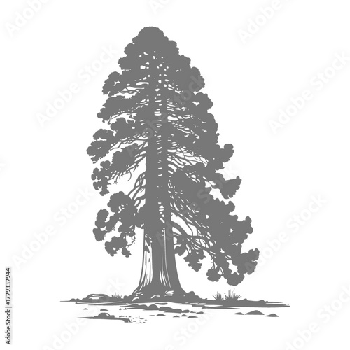 Giant Sequoia Tree Silhouette in Forest Landscape Illustration