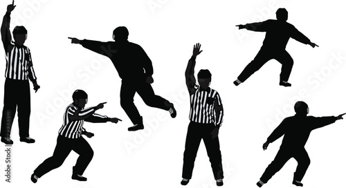 Silhouette vector illustration of ice hockey referees showing official hand signals for penalties, rules, infractions, sports judgment, authority, communication concept