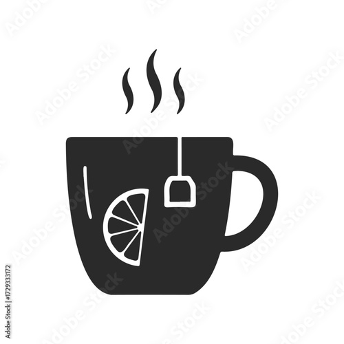 Black teacup with lemon slice and tea bag icon on white background