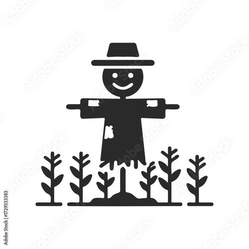 Cartoon scarecrow silhouette in farm field with hat and patches