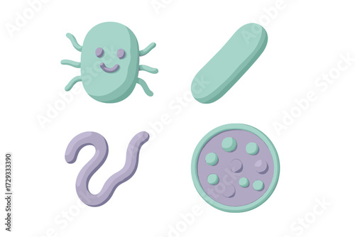 Stylized microorganisms and bacteria shapes in soft pastel colors representing microscopic life forms