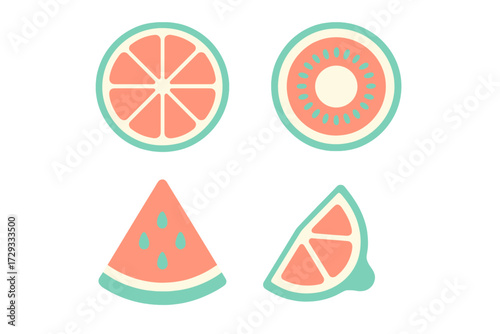 Collection of stylized fruit slices including grapefruit, kiwi, and watermelon in a modern graphic style