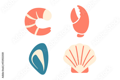 Vibrant stylized seafood collection featuring shrimp, crab claw, mussel, and scallop shell on a clean white background