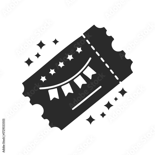 Black event ticket icon with star and banner design on white background